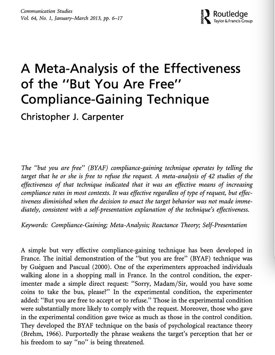 Looking for more positive responses to your requests?

Simply add: ‘‘But you are free to accept or to refuse.’’

A meta-analysis of 42 studies and 22,000+ people confirms this technique raises compliance in most contexts.

With it, people still have autonomy over their decision.