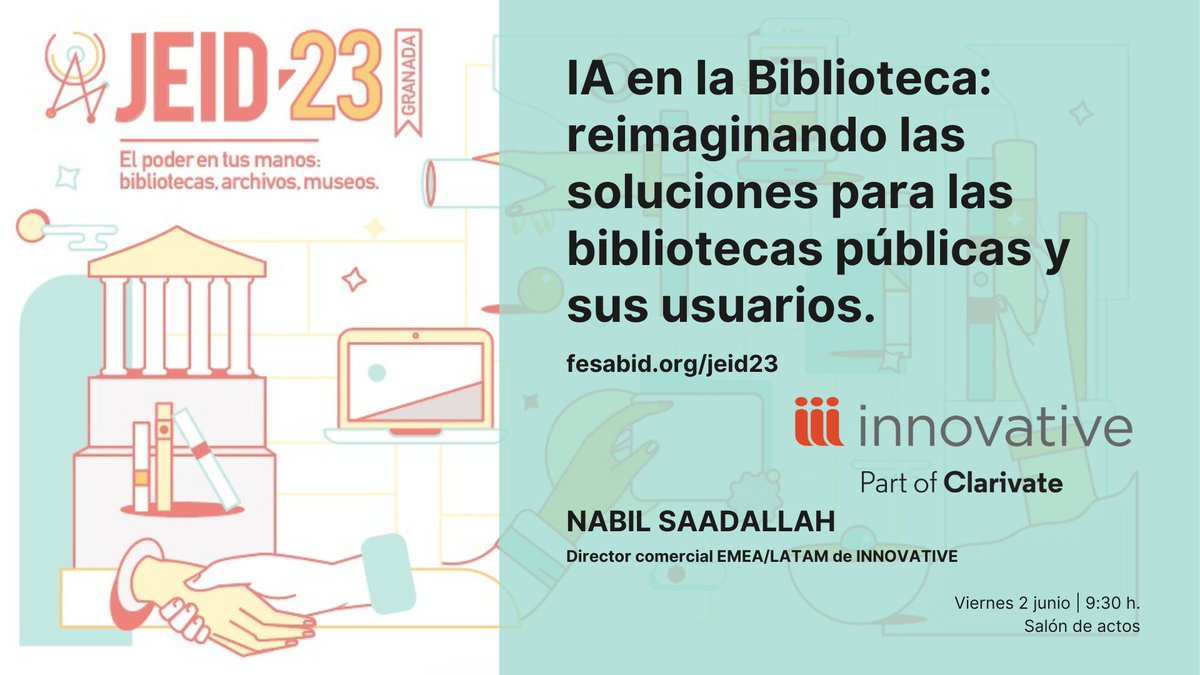 fesabid's tweet photo. #JEID23 ⚡ Explora las posibilidades de la inteligencia artificial en el ámbito bibliotecario 📚🤖

💬 @saadallahn: 'IA en la Biblioteca: reimaginando las soluciones para las bibliotecas públicas y sus usuarios' 

@innovative_es empresa patrocinadora preferente de las Jornadas ✨ https://t.co/xbntl7ZPnt