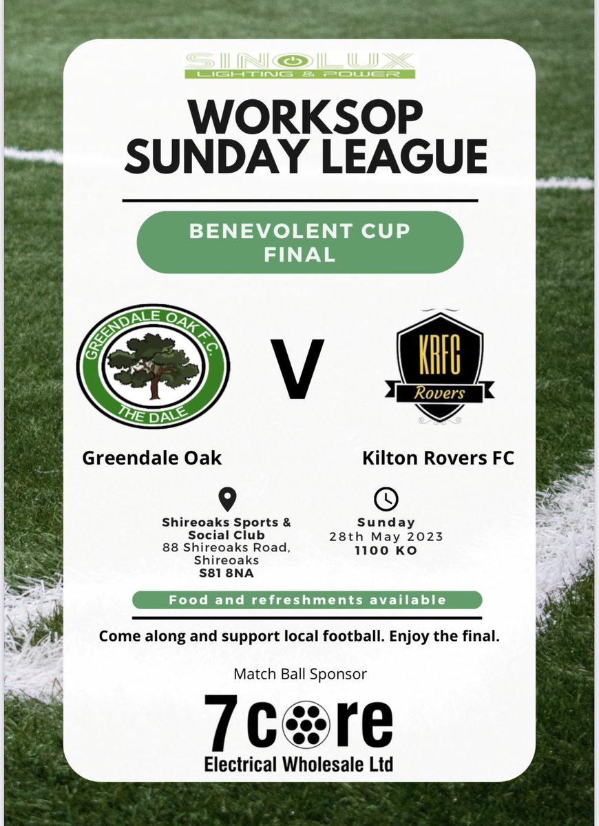 Worksop SundayLeague (@worksopsuleague) on Twitter photo This Sunday sees the top two go head-to-head In the Benevolent Cup
<a href="/GreendaleOakFC/">Greendale Oak FC</a> vs <a href="/KiltonRovers/">Kilton Rovers</a>
🏟️ Shireoaks Welfare, S81 8NA
🚘 Park in Shireoaks Marina
⏰ 11 am kick-off
🍺 Bar & 🥓 snack bar open
Please come and show your support again. You were brilliant last time 🏆 This Sunday sees the top two go head-to-head In the Benevolent Cup
<a href="/GreendaleOakFC/">Greendale Oak FC</a> vs <a href="/KiltonRovers/">Kilton Rovers</a>
🏟️ Shireoaks Welfare, S81 8NA
🚘 Park in Shireoaks Marina
⏰ 11 am kick-off
🍺 Bar & 🥓 snack bar open
Please come and show your support again. You were brilliant last time 🏆