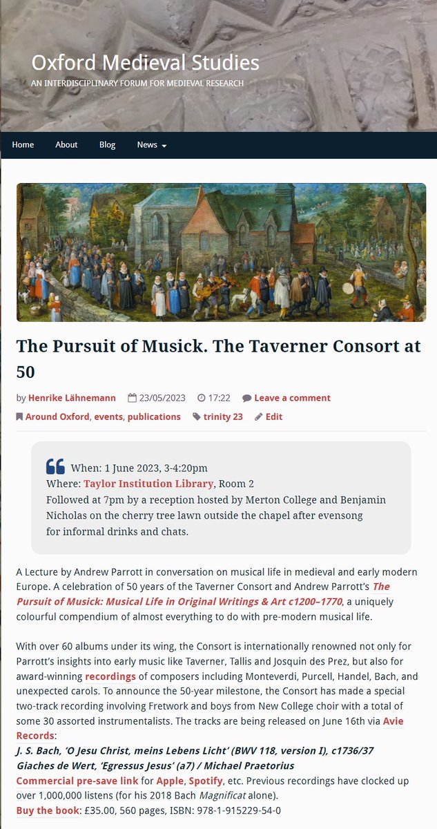 HLaehnemann's tweet photo. Coming up on 1 June, 3pm: The @TavernerConsort at 50 with Andrew Parrott in conversation about his book 'In Pursuit of Musick' @TAYOxford 
https://t.co/QboUMbbI95 https://t.co/EpF0Ulykty