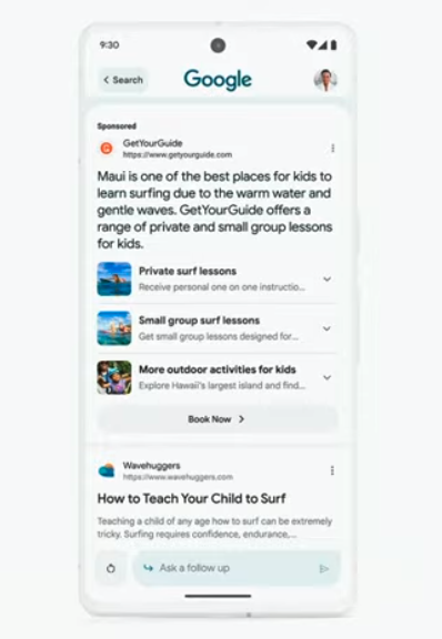gsterling's tweet image. Search ads in SGE have expanded elements/capabilities and auto-generated content. #gml2023