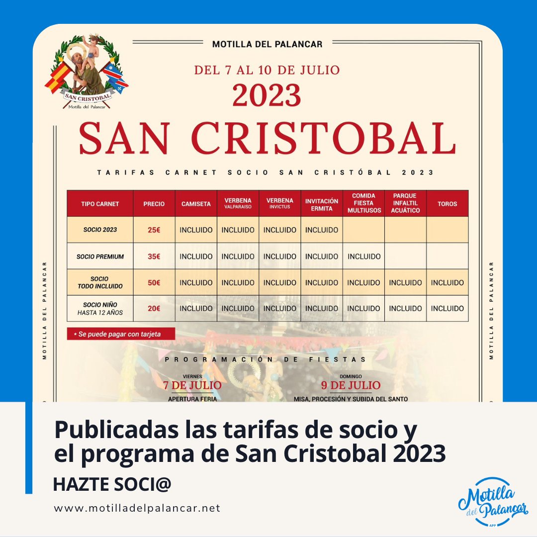 MotillaApp's tweet photo. ¡Se acerca San Cristóbal 2023! 
Descubre la programación y las tarifas para hacerse socio. 

¡No te lo pierdas! Entra en el enlace y conoce todos los detalles: https://t.co/3gh6b3fD3j

#motilladelpalancar #cuenca #sancristobal https://t.co/pDz7RPEGgK