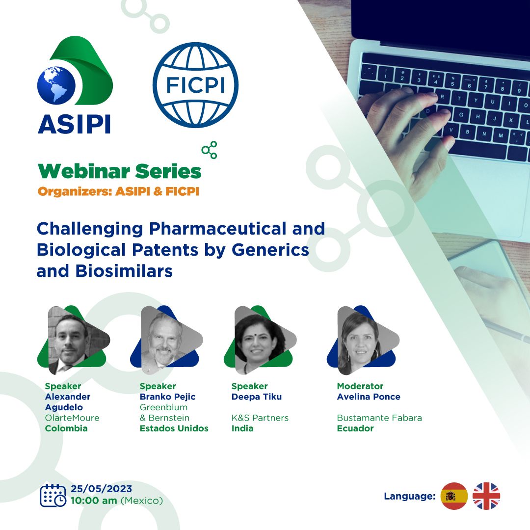 OlarteMoure's tweet photo. Alexander Agudelo, our Partner, joins the panelists in the "Challenging pharmaceutical and biologics patents by generics and biosimilars" webinar, organized by @ASIPI_ in collaboration with @FICPI
#FICPI #ASIPI #Webinar
Register here: https://t.co/glojc2wmvC https://t.co/kSoojP4ZGt