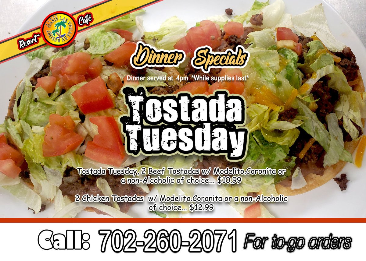 OASIS LAS VEGAS RV RESORT 'DINNER SPECIALS'
oasislasvegasrvresort.com
#amenities #storehours #horseshoepit #frontdesk #travel #hookup #concierge #reservations #tostadatuesday #monthlyrates #dogrun #dumpingyourtank #storage #dailyrates #cafeopening #familyandadultpool #livemusic