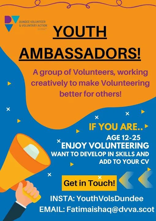 We are looking for #volunteers aged 12 - 25 who would like to help us encourage #youthvolunteering in #Dundee and develop skills for later life. Find out more...

buff.ly/3pv4iou 

#DVVA #DundeeTSI #MakeADifference #thirdsector