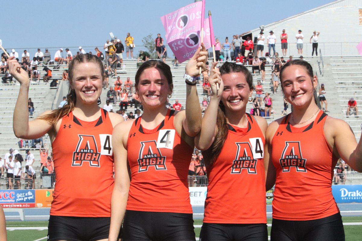 AMESTrack's tweet photo. 2023 State Meet Recap
Girls 4x400m Relay
🥇 3:49.49
Cameron Moon- Saylor Horras- Ellie Lynch- Ali Frandsen
🧡A new school record
🖤 2nd fastest time ever in Iowa history
#leavingalegacy https://t.co/enYZJqBOdc