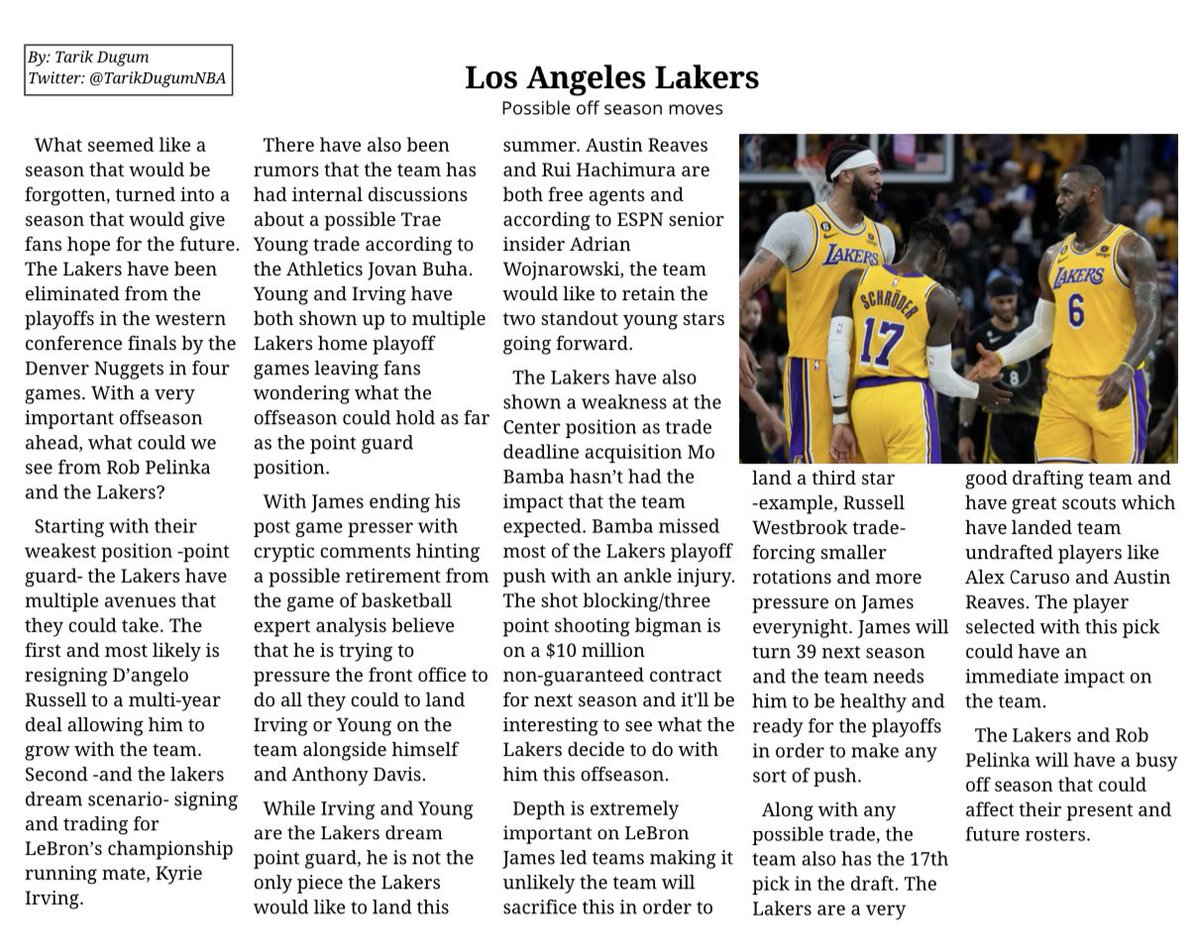 tarikdugumNBA's tweet photo. The Lakers have a very important off season ahead of them. What do you think they should do. Read some of their options below. 

#LakeShow #Lebron #NBA https://t.co/9WDqtBNI03