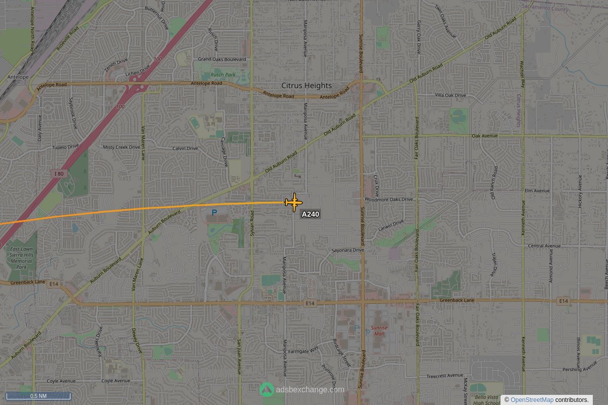 ffoverhead's tweet image. CalFire aircraft #N421DF callsign #A240 (V10) was spotted near Citrus Heights, CA at approximately 16:47 UTC squawking 1255 globe.adsbexchange.com/?icao=a4ffa7&amp;amp;z… #CalFire