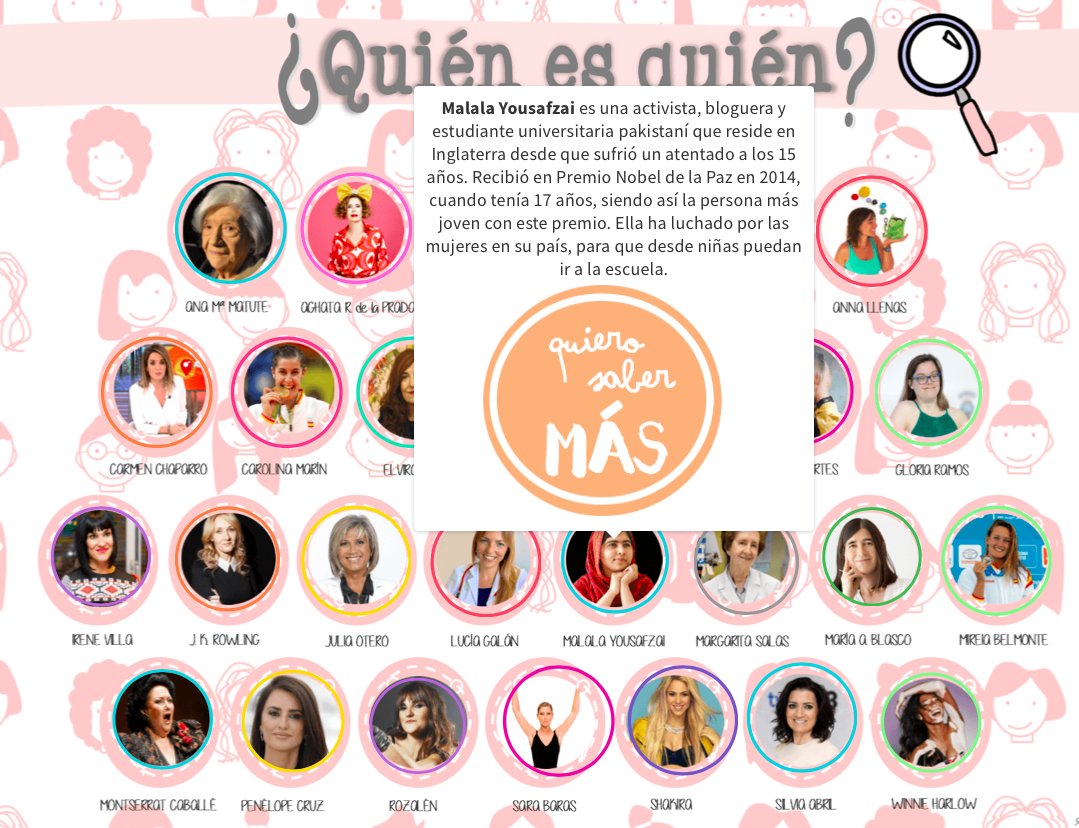 carmenpradas05's tweet photo. Una buena actividad para trabajar la igualdad y la figura de la mujer es un "¿quién es quién?" para trabajar las mujeres más importantes de nuestro país. Un ejemplo podría ser el que se muestra a continuación:

#RecursosCCSS #Infantil2EUMZA #DCSUVA https://t.co/rppHFkGJhm