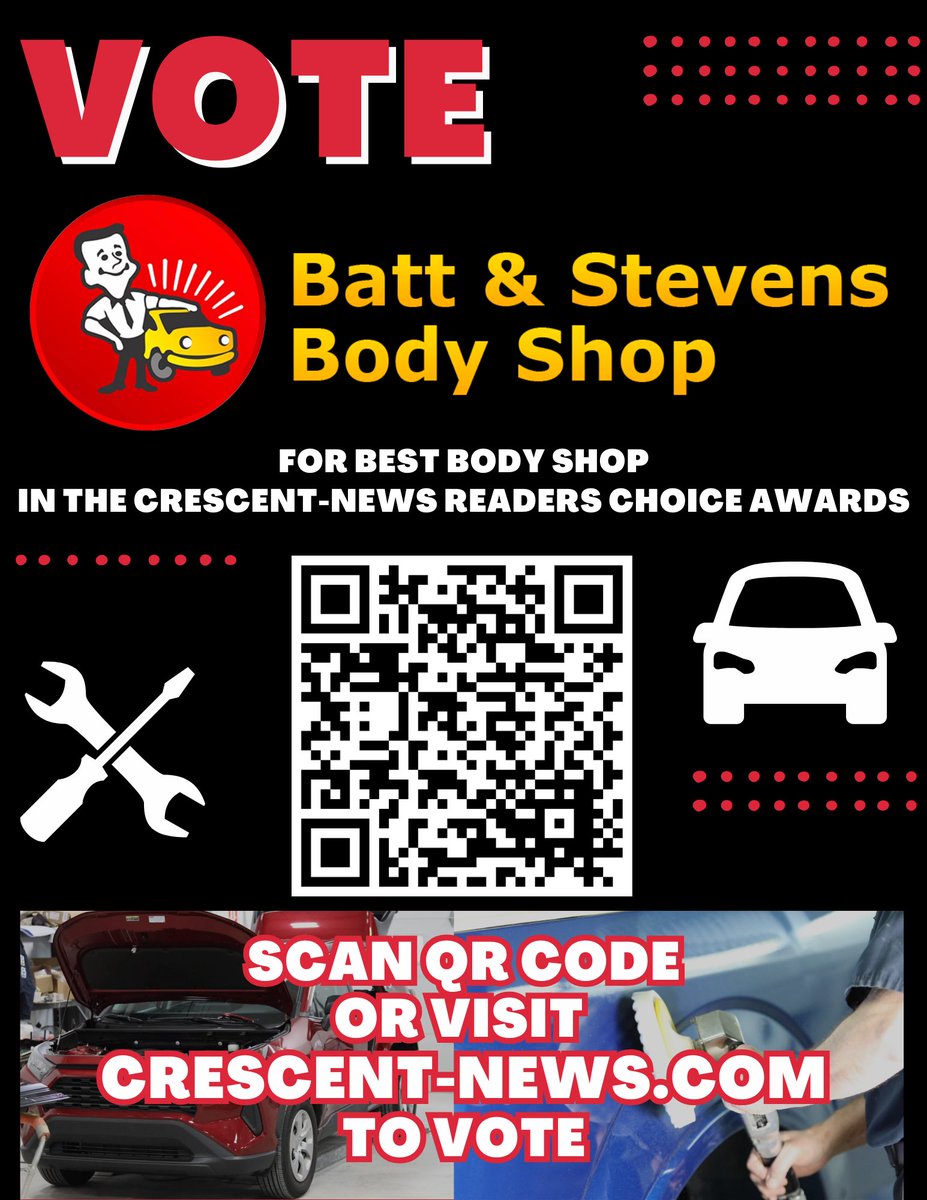 Don’t forget to VOTE Batt &amp; Stevens Body Shop as the best body shop in the area!

🖥️: LINK TO VOTE
➡️: crescent-news.com/advertising/co…

Thank you in advance!