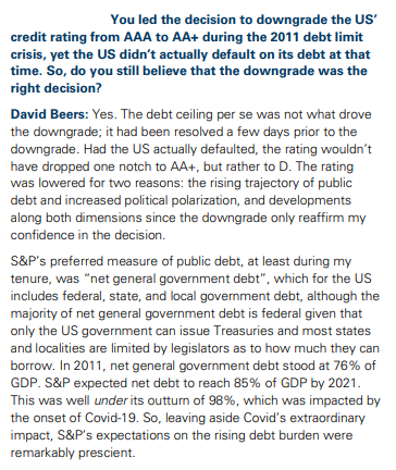 David Beers is the former Head of Sovereign Credit Ratings at Standard & Poor’s (1995-2011). 

Interesting exchange below. 

#StockMarket #DebtCeiling