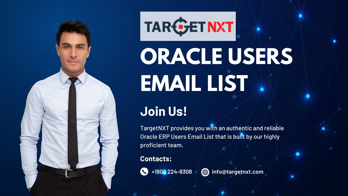 TargetNXT's tweet image. 🎯 Get connected with the top technology users! Discover the power of TargetNXT's Oracle Users Email and Mailing List 📧✉️
#TargetNXT #OracleUsers #EmailList #MailingList #TechnologyUsers #MarketingSuccess #Database #business #b2b #best
Visit to know more:bit.ly/3pY4cpA