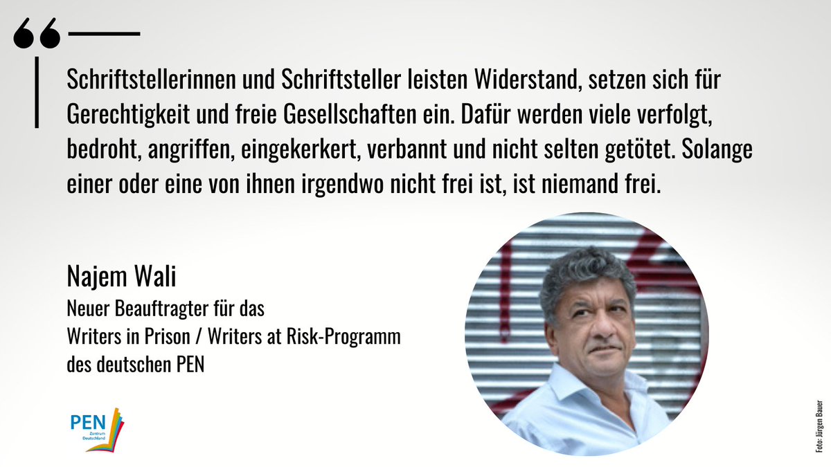 Najem Wali ist neuer Beauftragter für Writers in Prison / Writers at Risk des PEN-Zentrums Deutschland!

Zu unserem Statement ⬇️
pen-deutschland.de/najem-wali-bea…