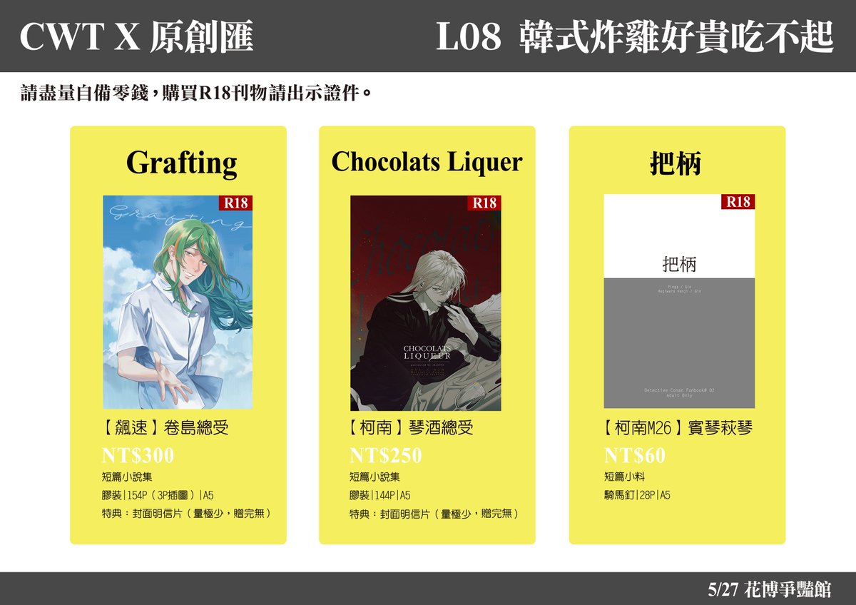 【CWT原創匯】這裡也丟個工商
這次5/27 CWT花博場在L08-韓式炸雞好貴吃不起
要跟朋一起擺擺♥
場上會有ㄉ本：
【飆速】All卷島短篇集
【柯南】All琴酒短篇集
【柯南M26衍伸】賓加琴酒&amp;萩原琴酒小料

一次出三本新刊我覺得我好猛（
我還寫錯攤位名，笑死