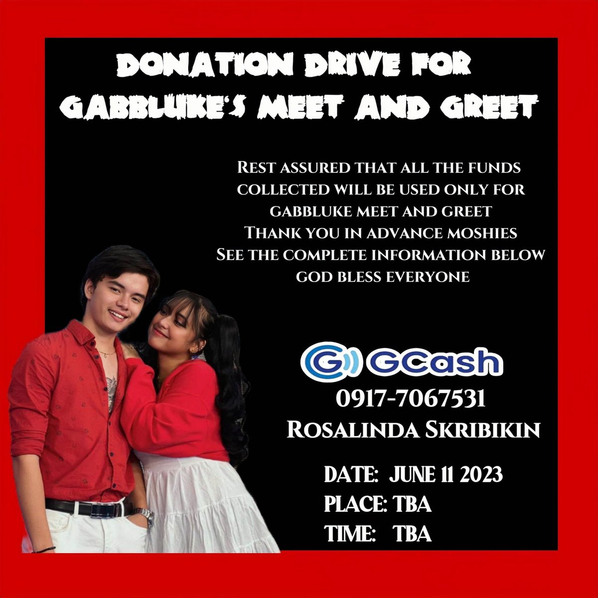 itsgabblukeofc's tweet photo. ANNOUNCEMENT:

Hi everyone👋 GabbLuke moshies are opening a donation drive for our meet and greet with Gabb &amp; Luke.

Any amount is highly appreciated!!!

if you plan to go or have other questions kindly message @peyytut @AlinsodLilet @_itsmekristine1 for more infos...

Thank you! https://t.co/3Os65UB58Y