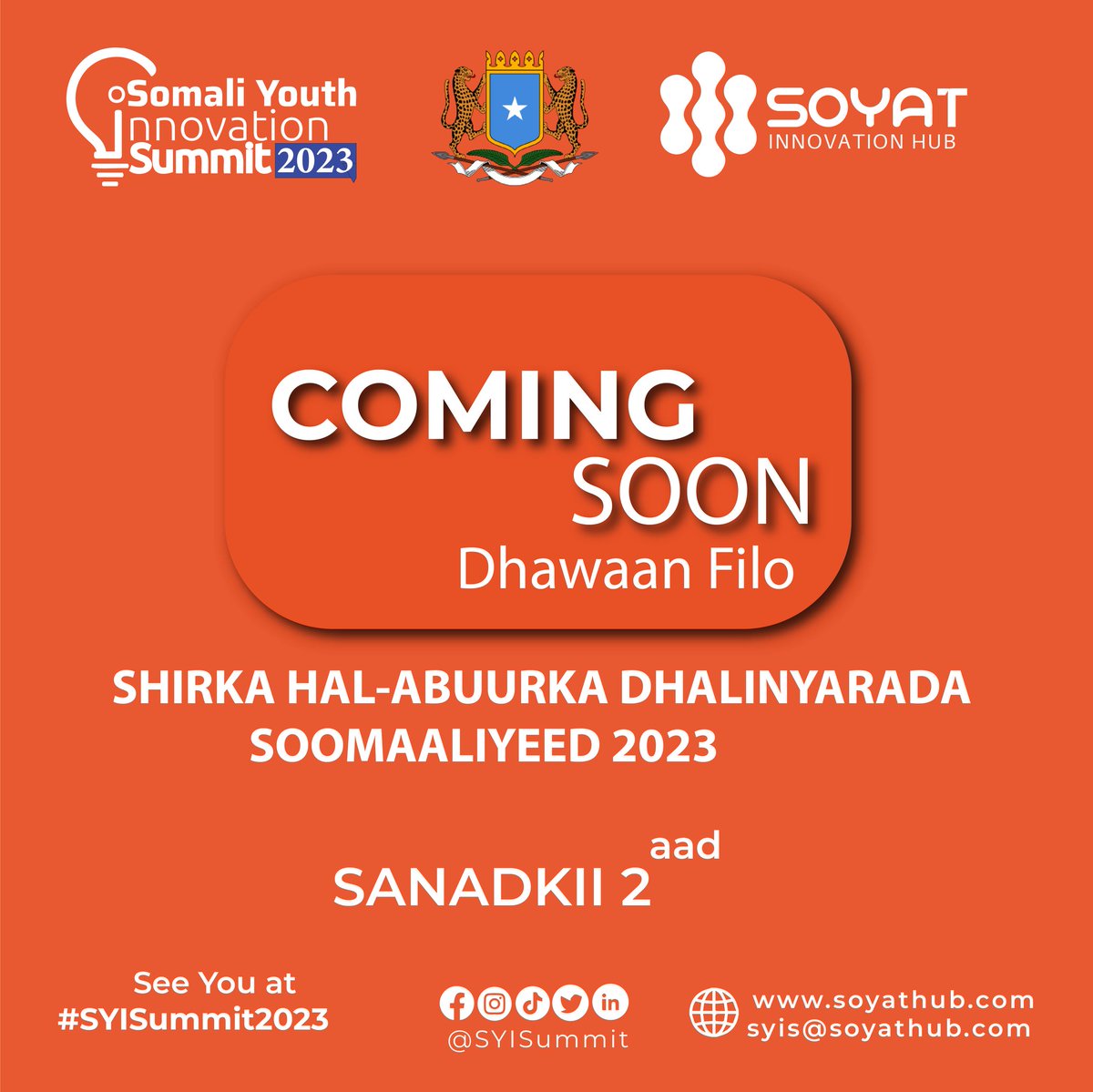Exciting news😁.

2nd Annual <a href="/SYISummit/">Somali Youth Innovation Summit</a> 2023 will be held in Mogadishu-Somalia 

SYISummit 2023 will bring together Youth Ambassadors, Innovations, Investors, Entrepreneurs &amp; Educational Institutions

We're back, welcom Year of Youth Innovation and Inspiration 

 #SYISummit2023