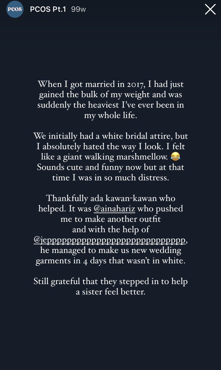 warnabilla's tweet photo. A snippet of my nikah “nightmare” I shared 2 years ago. So many cases of PCOS women being shamed for their weight, having unsupportive partners/families. Women getting cheated on &amp; dumped just bc of our inability to “control” our body. So much of our worth is tied to weight. https://t.co/OSvnvFy5AM