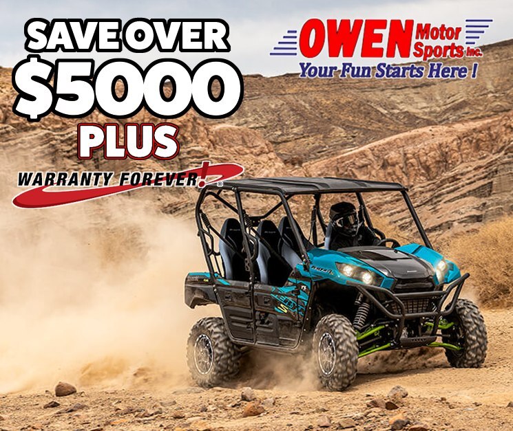 OwenMtrSprts's tweet photo. SAVE OVER $5000 ON YOUR NEW TERYX !!
Only at Owen Motor Sports you can take home a brand new 2023 Kawasaki Teryx4 S LE.  and save over $500, and our exclusive WARRANTY FOREVER for FREE.  That's right, let us save you thousands and get you free warranty forever on your new 20… https://t.co/uagwEac6lJ