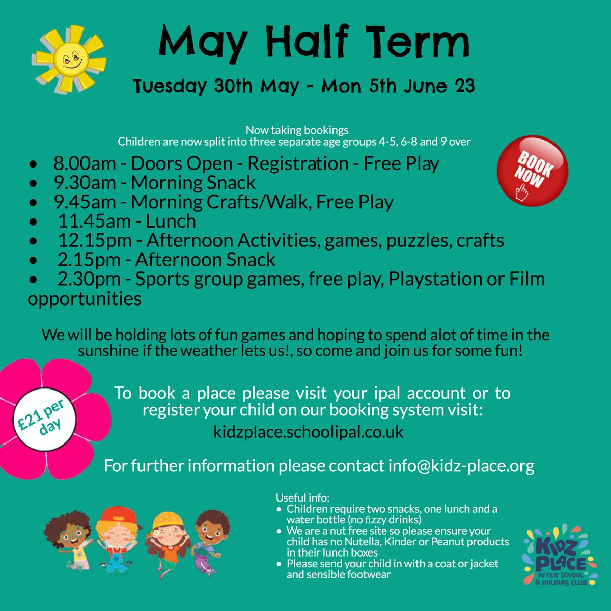 Last few places remaining for our holiday club next week!

Please note we are also open on Friday 26th May and Monday 5th June also for those schools that are finishing early/going back late.

#mayhalfterm #holidayclub #kidzplace #childcare #wavertree
