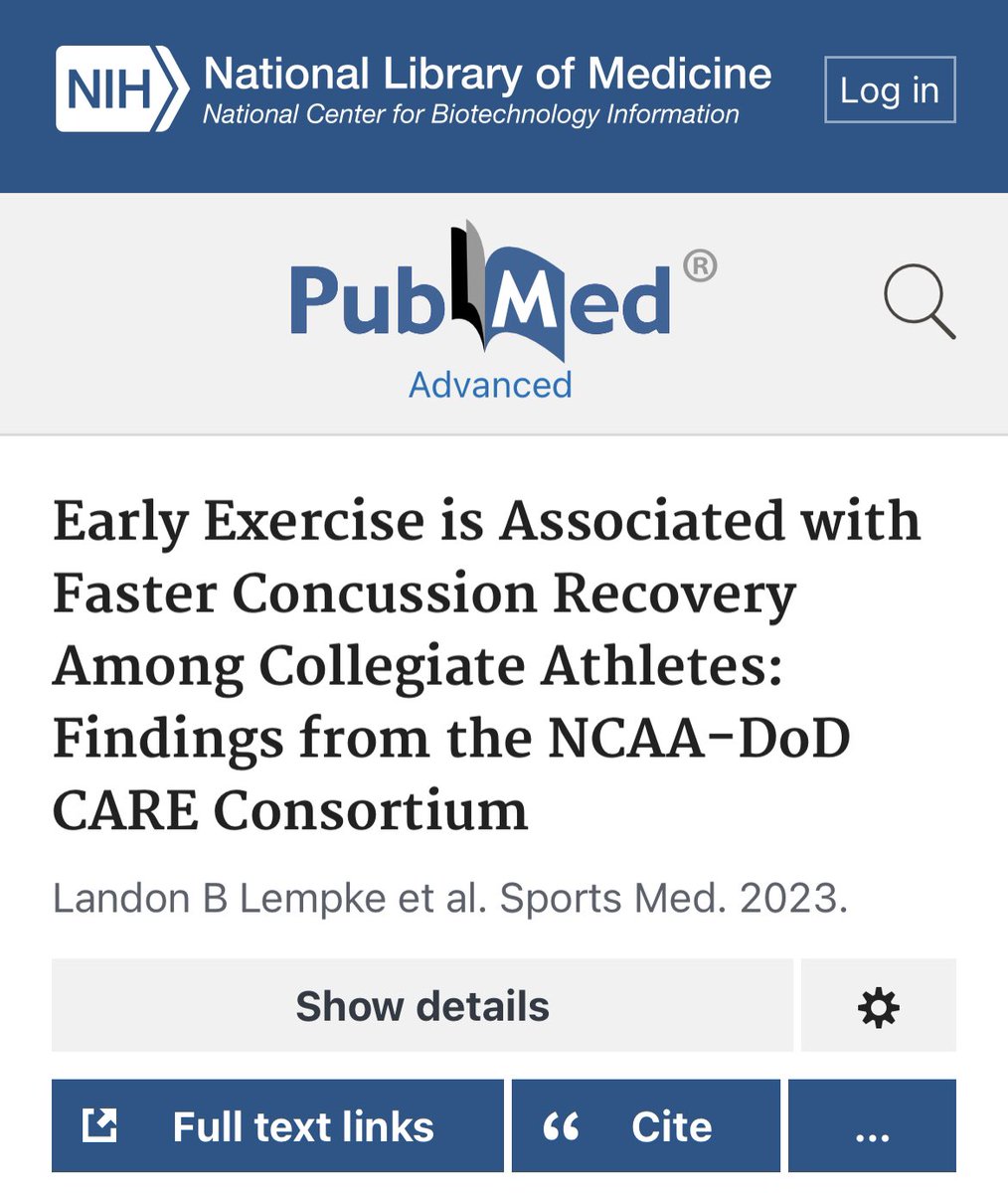 🧠New Care Consortium #Concussion Data: 

Compared to the no-exercise group, the early exercise group was 92% more probable to experience symptom recovery, 88% more probable to reach clinical recovery, &amp; took a median of 2.4 &amp; 3.2 days less to recover. 

The late exercise group