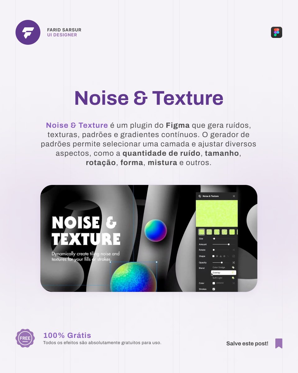 faridsarsur's tweet photo. Noise &amp; Texture é um plugin do Figma que gera ruídos, texturas, padrões e gradientes contínuos. O gerador de padrões permite selecionar uma camada e ajustar diversos aspectos, como a quantidade de ruído, tamanho, rotação, forma, mistura e outros. #figma #pluginsfigma #uiuxdesign https://t.co/1hxFHu6oIH