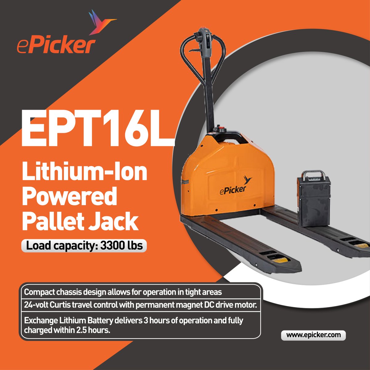 ePickerLifts's tweet photo. ePicker Lithium-Ion Powered Pallet Jack : Our newest model that features a 3300lb capacity to help you work smarter, safer and more efficiently. 
It’s never been a better time to go electric. https://t.co/E9qn8TC4n2