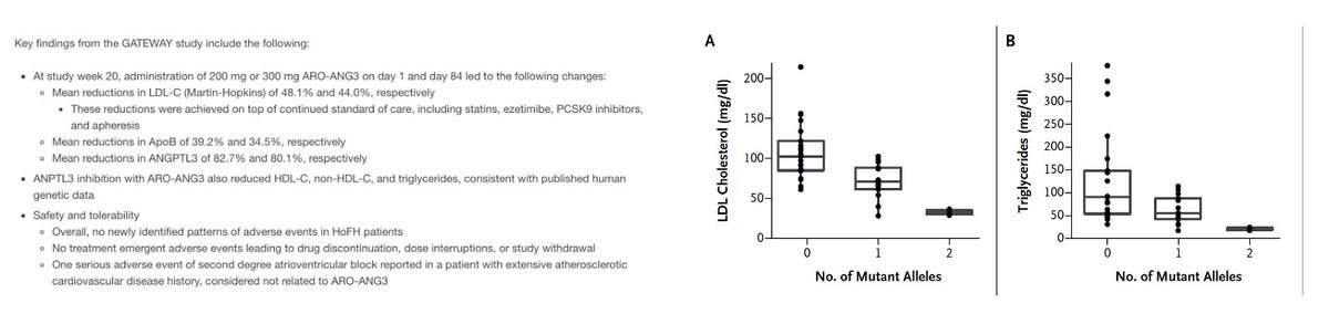 Sek Kathiresan MD (@skathire) on Twitter photo More pharmacologic validation ANGPTL3 target today by <a href="/ArrowheadPharma/">ArrowheadPharma</a>
ANGPTL3 siRNA in homozygous familial hypercholesterolemia led to:
~80% lowering plasma ANGPTL3
~45% lower LDL-C!!
Pharmacology 2023 (L) as predicted by the human ANGPTL3 knock-outs identified in 2010 (R) More pharmacologic validation ANGPTL3 target today by <a href="/ArrowheadPharma/">ArrowheadPharma</a>
ANGPTL3 siRNA in homozygous familial hypercholesterolemia led to:
~80% lowering plasma ANGPTL3
~45% lower LDL-C!!
Pharmacology 2023 (L) as predicted by the human ANGPTL3 knock-outs identified in 2010 (R)