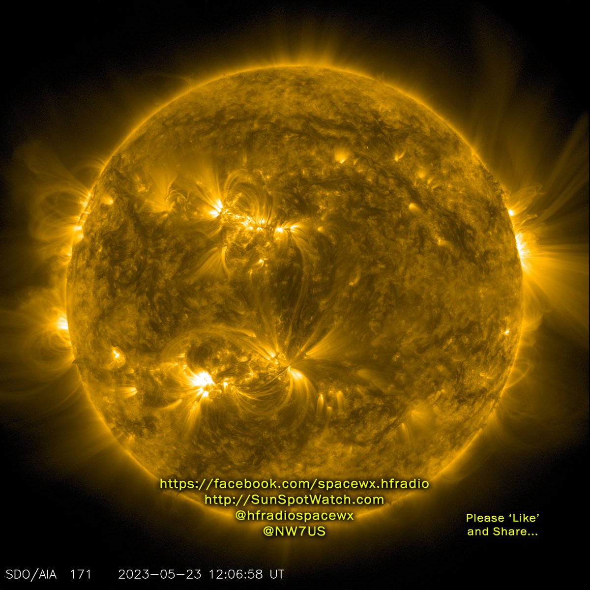 RT From-> NW7US May 23, 2023 at 05:30AM Today's Sun (171A EUV) #spaceweather #spacewx #solarstorm #hamr #swl  Link source at x.com/NW7US/status/1… Reposted using applet IFTTT Android app.