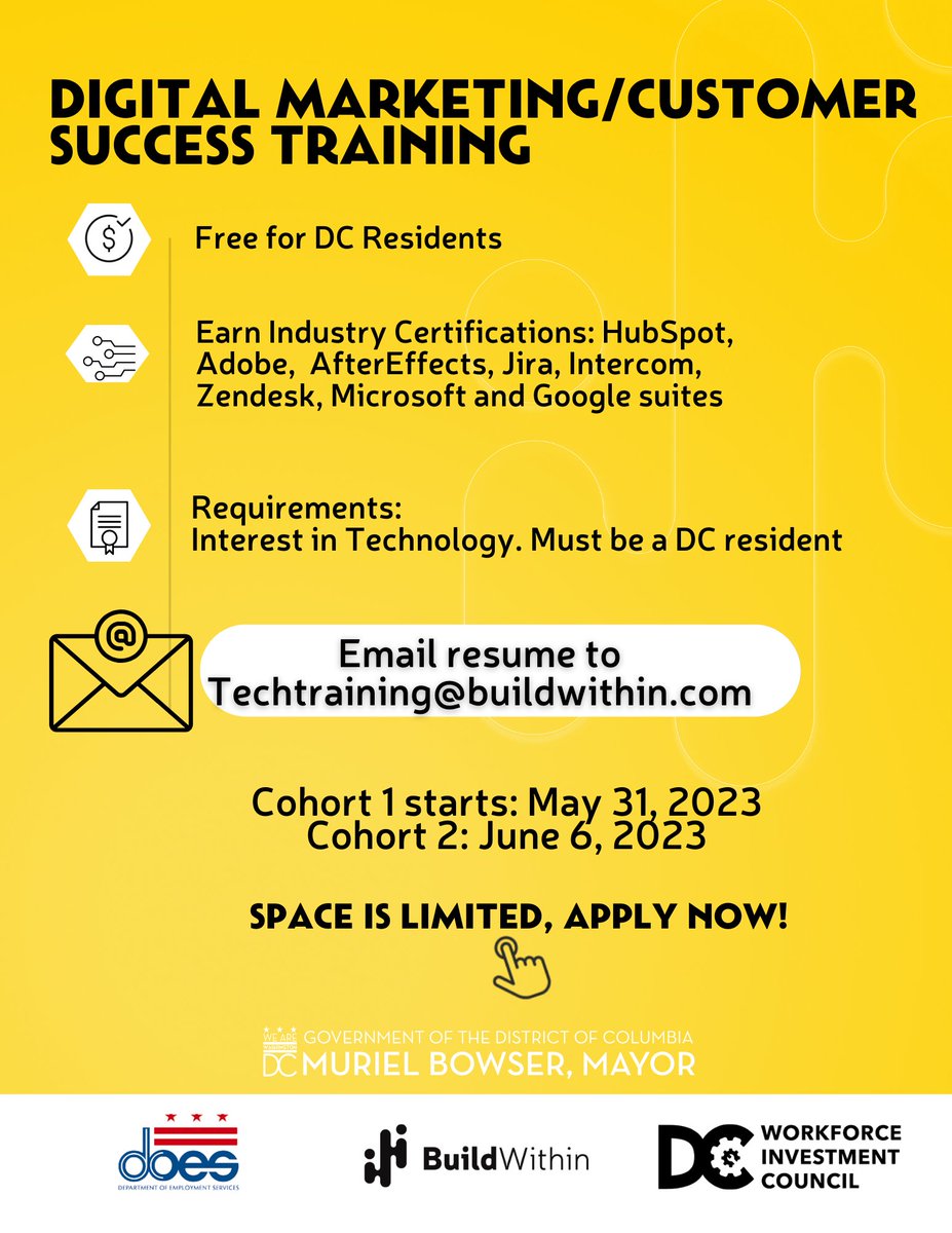 Level up your digital marketing &amp; customer success skills!   Excited to dive deep into SEO, social media, paid-ads, video-making, email marketing and master tools like <a href="/intercom/">Intercom</a>, <a href="/Jira/">Atlassian Jira</a>, and <a href="/HubSpot/">HubSpot</a>?
Guess what! If you are a #DC resident this 6-week training is free!
<a href="/DC_WIC/">DC Workforce Investment Council</a>