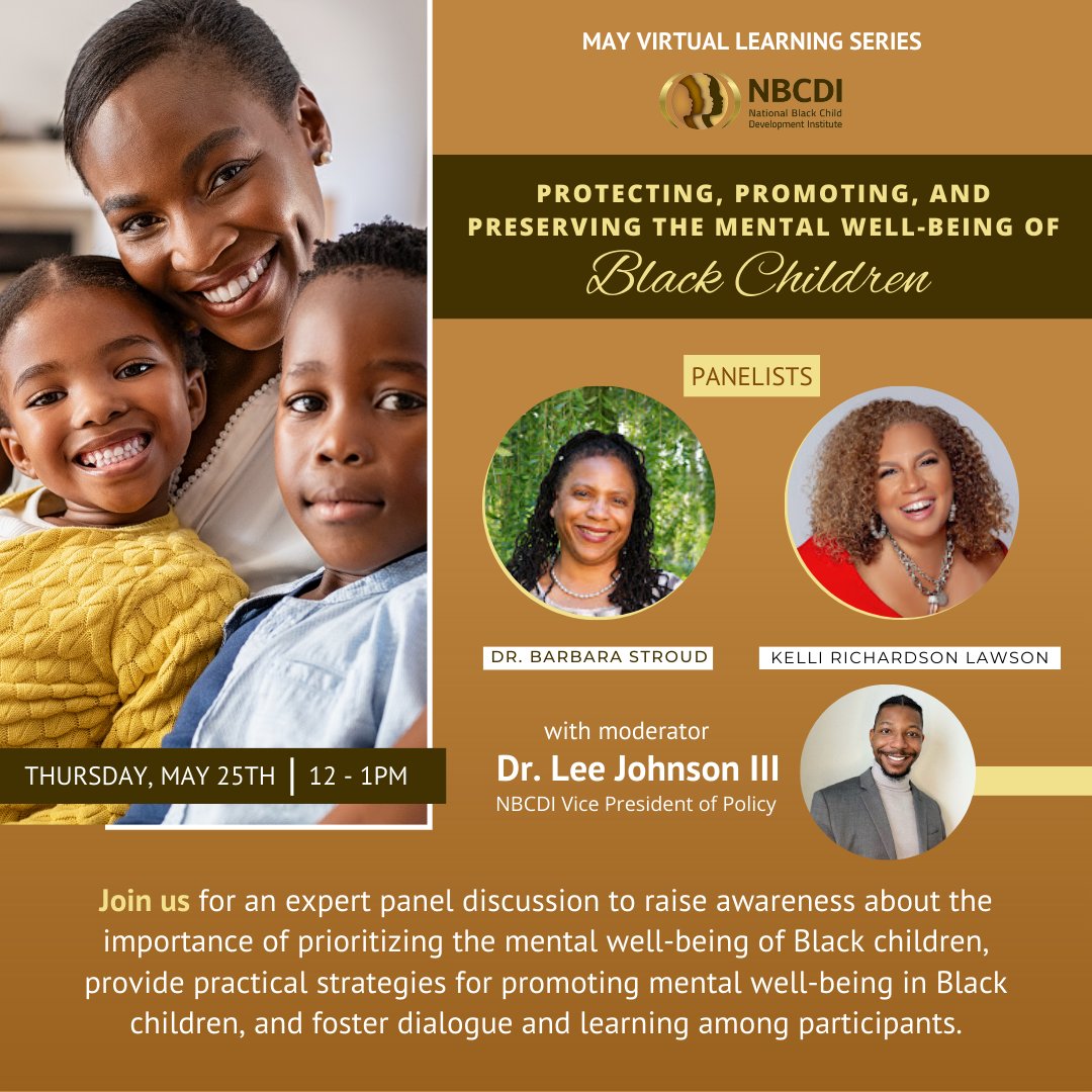 BCDIchi's tweet photo. Greetings BCDI-CHI,

Please join NBCDI’s Virtual Learning Series on “Protecting, Promoting, and Preserving The Mental Wellness Of Black Children.”
This series begins Thursday May 25th, 11am CST via Zoom.
Be sure to register below ⬇️ 

https://t.co/OkxqwkmLsl

#bcdichi #nbcdi https://t.co/7zPcQcpfaR