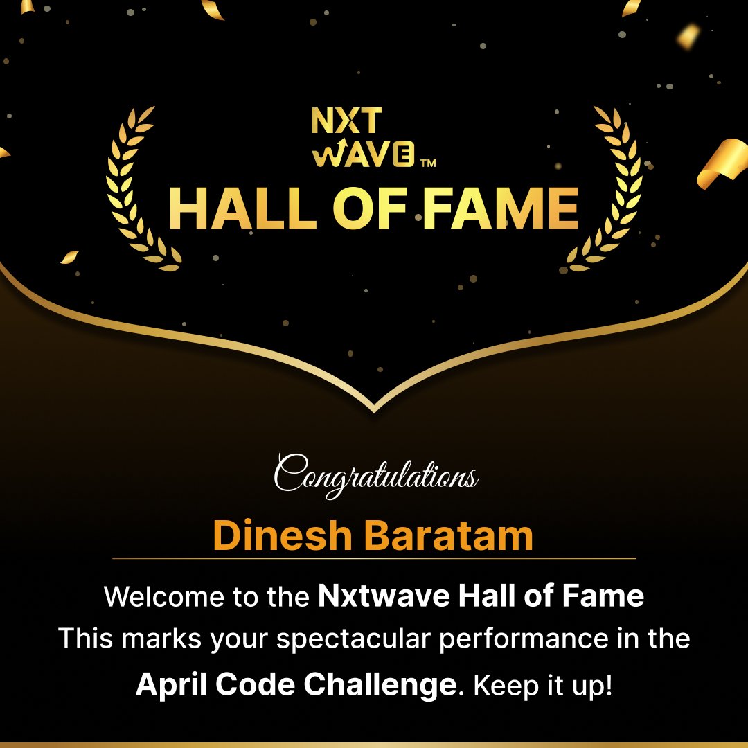 baratam_dinesh9's tweet image. Hello all, I am happy to share my Certificate of appreciation given by NxtWave for consistently coding and participating in #aprilcodechallenge for April Month.