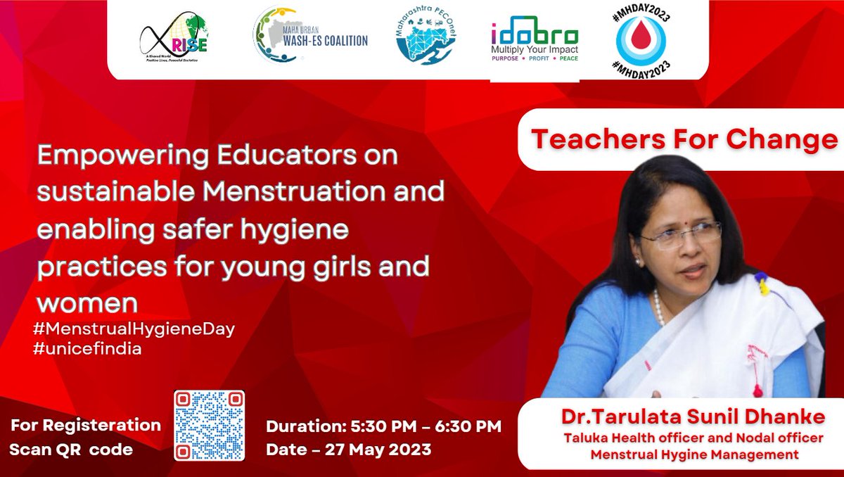 Join our #TeachersForChange session on May 27th, 2023! Learn about sustainable menstruation and safer hygiene practices from Dr. Tarulata Sunil Dhanke, an expert in Menstrual Hygiene Management. 

Register now: lnkd.in/db6XK7Nz 
#MenstrualHygieneDay #EmpoweringEducators