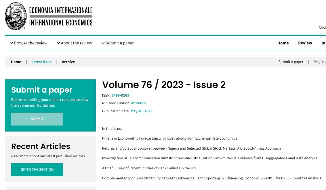 Latest issue, May 2023, of Economia Internazionale/International Economics at iei1946.it/issue/49/76-is… Here you can read/download the latest published papers, as usual dealing with different interesting topics. @redale964 @ElenaSeghezza @gecamcom @repec_org @francobruni7 @gally10
