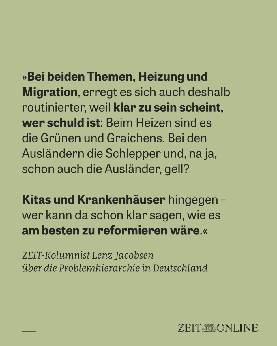 zeitonline's tweet photo. Das Land hat gerade starke Gefühle zu Heizungen. Und zu Ausländern. Aber nicht so sehr zu Kindern und Kranken. Komisch eigentlich, findet @jalenz https://t.co/jOrzYy3qKU https://t.co/HdzyqN7N7I
