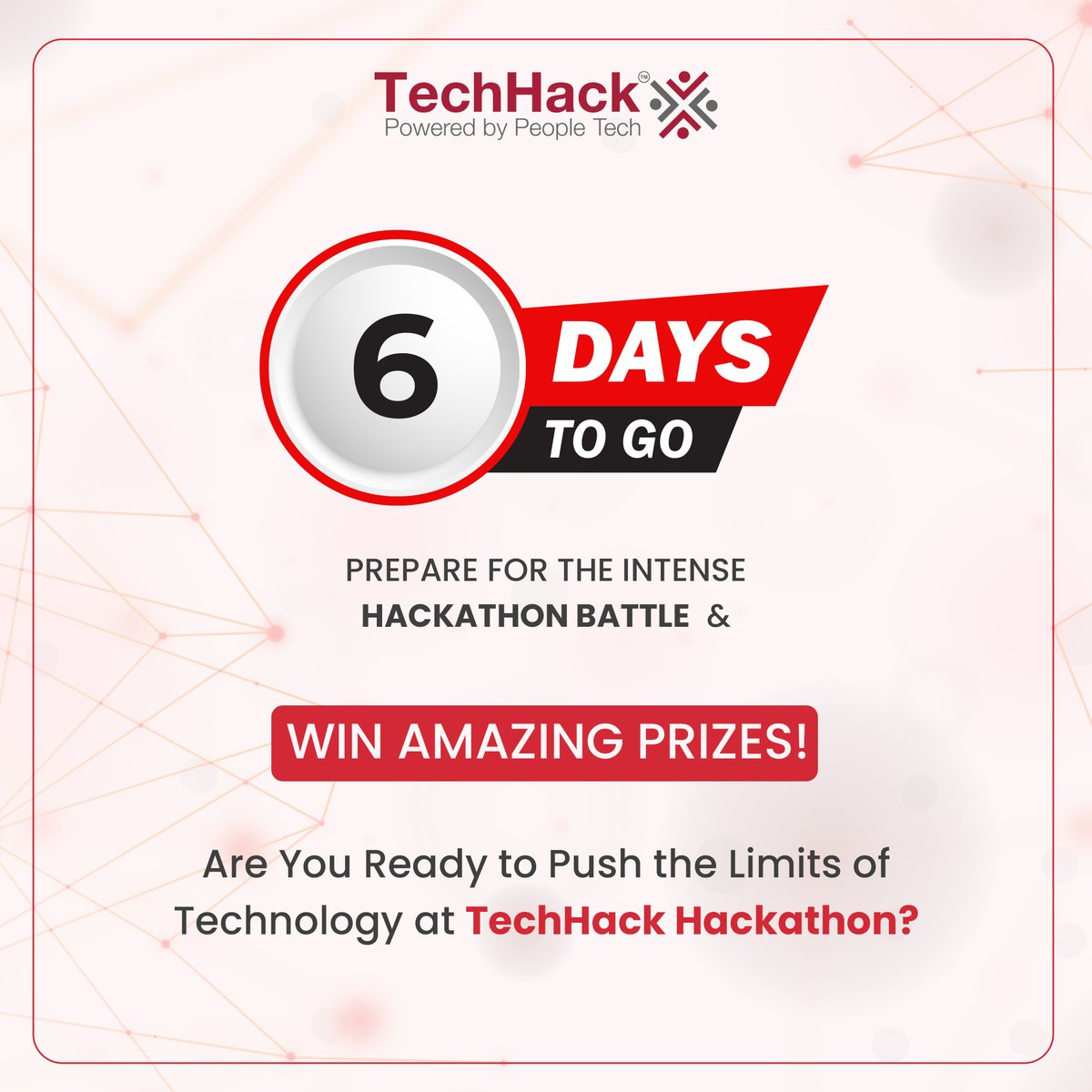 6 days left until we ignite the battlefield! The clock is ticking! Hurry up! Submit your TechHack hackathon projects on or before 31st May 2023.

#PeopleTechGroup #techhacks #projectsubmission  #deadline #project