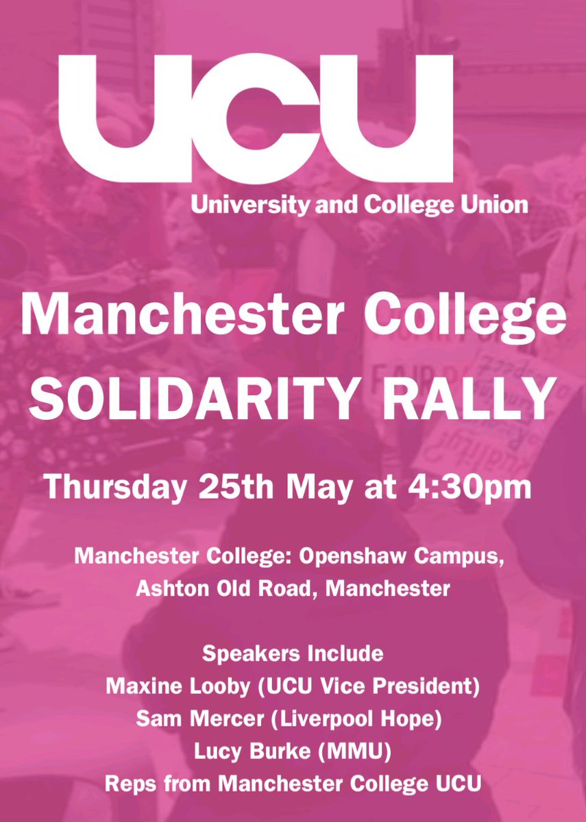Rally this Thursday in support of <a href="/UCUManCollege/">UCU Manchester College</a>. Including our own Chair of Hope UCU!

If you can make it, get down and show your support for striking workers ✊