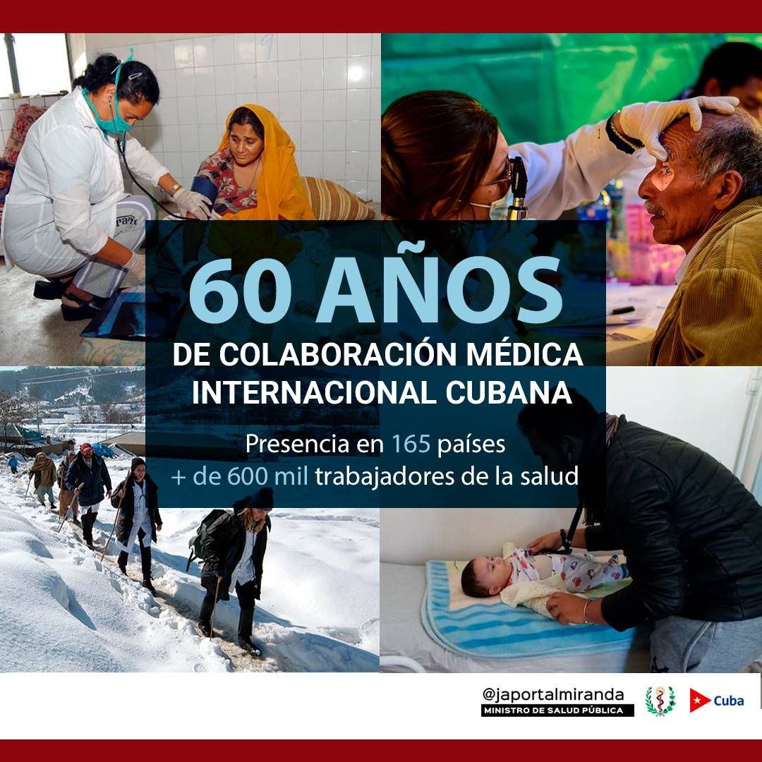 Felicidades a nuestros colaboradores de la #salud, quienes han llegado de manera incondicional a los lugares más recónditos del mundo creando un camino de esperanza.
#SesentaAñosSalvandoVidas 
#CubaPorLaVida