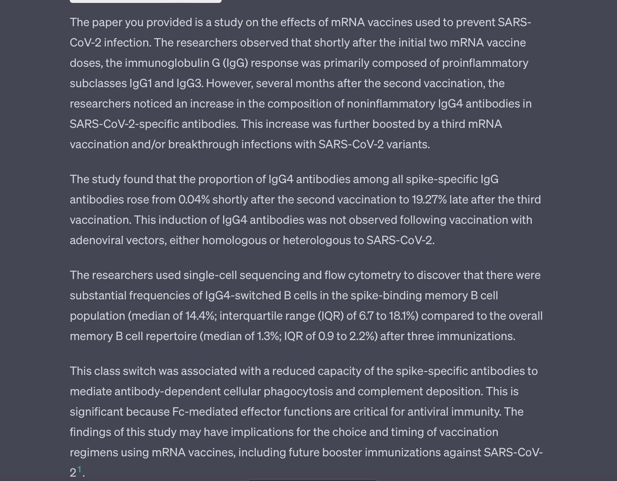 chaxie's tweet photo. @TowrinCue @Jikkyleaks @TonyNikolic10 This is ChatGPT’s analysis of the paper on class-switching to IgG4 (Irrgang et all, Jan 27 2023) https://t.co/bZL13oSMrK