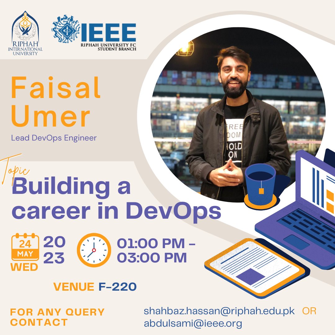 IEEERiphahFC's tweet photo. 📢 Exciting news! Join us for a seminar on "Building Career in DevOps" hosted by IEEE Riphah University FC Student Branch! 🖥

🗓️ 𝐃𝐚𝐭𝐞: May 24, 2023
🕒𝐓𝐢𝐦𝐞: 01:00 PM - 03:00 PM
 📍 𝐕𝐞𝐧𝐮𝐞: F-220

🎓 Speaker: Faisal Umer, Lead DevOps Engineer

#IEEE #RiphahUniversity https://t.co/L0bwt93Mb7