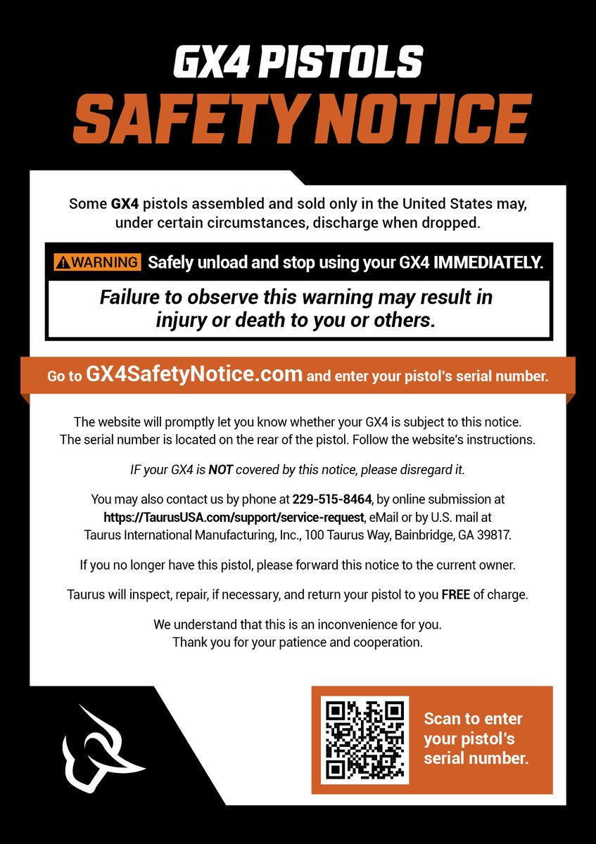 Some GX4 pistols assembled and sold only in the United States may, under certain circumstances, discharge when dropped. WARNING: Safely unload and stop using your GX4 IMMEDIATELY. Go to GX4SafetyNotice.com to read the full safety notice.