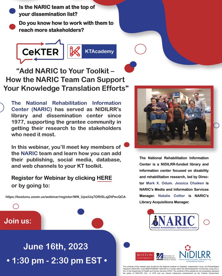 1/2 Webinar! 'Add NARIC to Your Toolkit' - How the NARIC Team Can Support Your #KnowledgeTranslation Efforts. Meet members of the NARIC team & learn how you can add their publishing, social media, database, & web channels to your KT toolkit. 
Register: buff.ly/42LAItJ