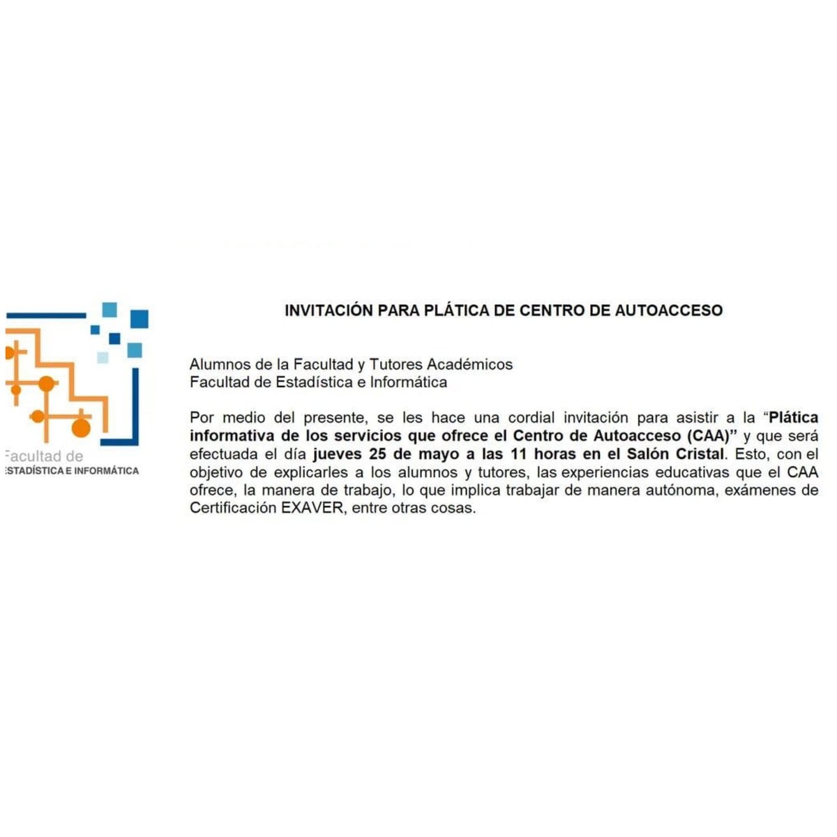 ¡Esto te interesa!

Hoy en punto de las 11 horas te esperamos en el Salón Cristal para escuchar la plática que el Centro de Autoacceso tiene preparada y resolver todas tus dudas
