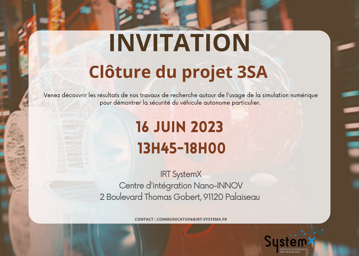 [#Évènement 🗓] Venez découvrir les résultats de nos travaux de recherche autour de l'usage de la #simulation #numérique pour démontrer la sécurité du #véhicule #autonome particulier, le 16 juin à partir de 13h45 à Nano-INNOV. 

🔗Inscription : lnkd.in/dFDCRAdV