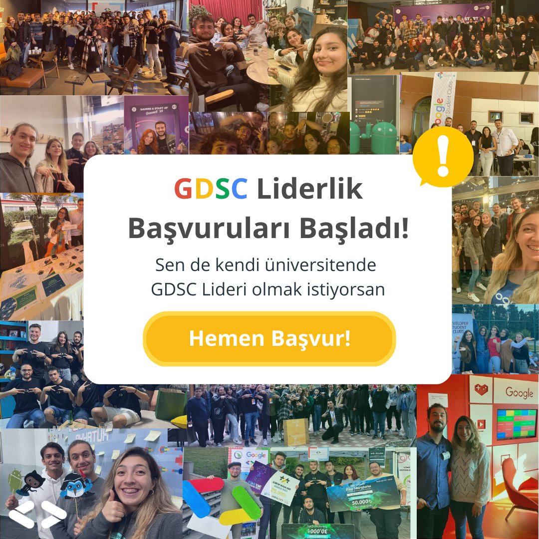 DSCHacettepe's tweet photo. 📣 Google Developer Student Clubs, 2023 - 2024 akademik yılında üniversitelerdeki liderlerini arıyor!

Eğer sen de güçlü liderlik becerilerine sahip ve Google teknolojilerine meraklı bir üniversite öğrencisiysen, bu fırsatı kaçırma! 🥳

📌Başvuru linki: https://t.co/iQGzKOzcFm https://t.co/EWziecYwAF
