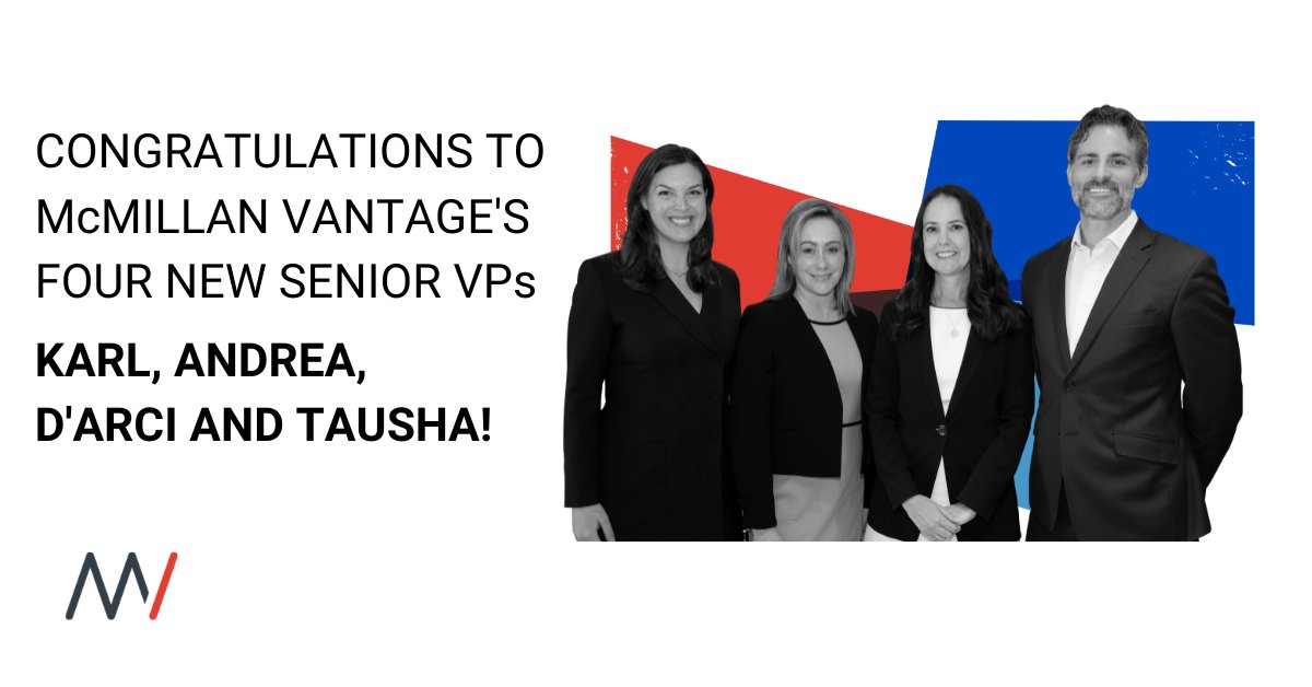1/4 McMillan Vantage is pleased to announce the promotion of @KarlBaldauf, <a href="/AndreaDonlan/">Andrea Donlan</a>, <a href="/DarciMcFadden/">D'arci McFadden</a> &amp; <a href="/TaushaMichaud/">Tausha Michaud</a> to Senior Vice President as #TeamVantage evolves to better serve clients and drive Canada's strength and success.