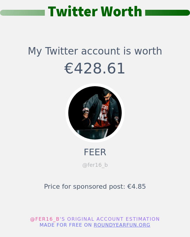 fer16_b's tweet photo. Mi valor en Twitter es de: €428.61

➡️ https://t.co/NzVzTOoyDz https://t.co/zRv7yUgLhg