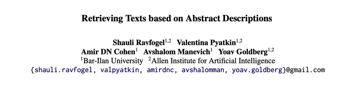 "semantic embeddings" are becoming increasingly popular, but "semantics" is really ill-defined. sometimes you want to search for text given a description of its content. current embedders suck at this. in this work we introduce a new embedder.
<a href="/ravfogel/">Shauli Ravfogel</a> <a href="/valentina__py/">Valentina Pyatkin ➡️ ICML</a> <a href="/AvshalomM/">Avshalom Manevich</a>