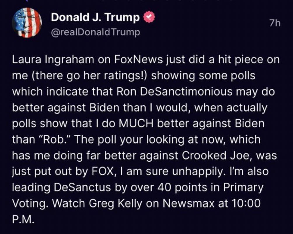 Great to see President Trump call out @IngrahamAngle, who’s been shamelessly Shilling for DeSantis. Laura doesn’t want you to know that when she comes to Palm Beach, which is often, she stays in the home of one of DeSantis’s finance chairs & mega donors. CONFLICT OF INTEREST!