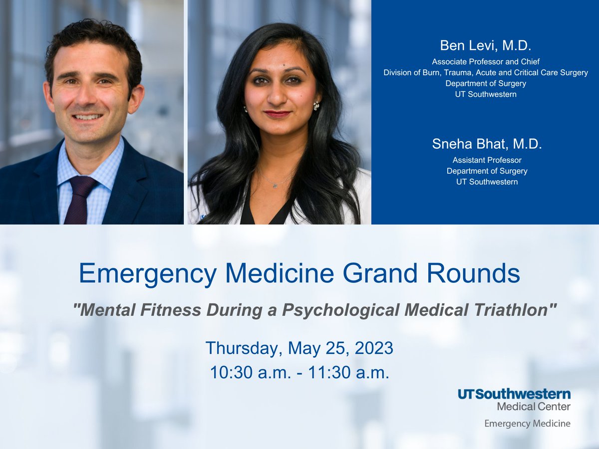 UTSW Emergency Medicine (@utsw_em) on Twitter photo Join us this Thursday for the last <a href="/UTSW_EM/">UTSW Emergency Medicine</a> Grand Rounds of the academic year as we welcome Drs. Ben Levi <a href="/Levi_Lab/">Levi_Lab</a> and Sneha Bhat <a href="/bhats7637/">Sneha Bhat, MD, FACS, CNSC</a> <a href="/UTSW_Surgery/">UTSW Surgery</a>.
Details and registration: events.utsouthwestern.edu/event/emergenc… Join us this Thursday for the last <a href="/UTSW_EM/">UTSW Emergency Medicine</a> Grand Rounds of the academic year as we welcome Drs. Ben Levi <a href="/Levi_Lab/">Levi_Lab</a> and Sneha Bhat <a href="/bhats7637/">Sneha Bhat, MD, FACS, CNSC</a> <a href="/UTSW_Surgery/">UTSW Surgery</a>.
Details and registration: events.utsouthwestern.edu/event/emergenc…