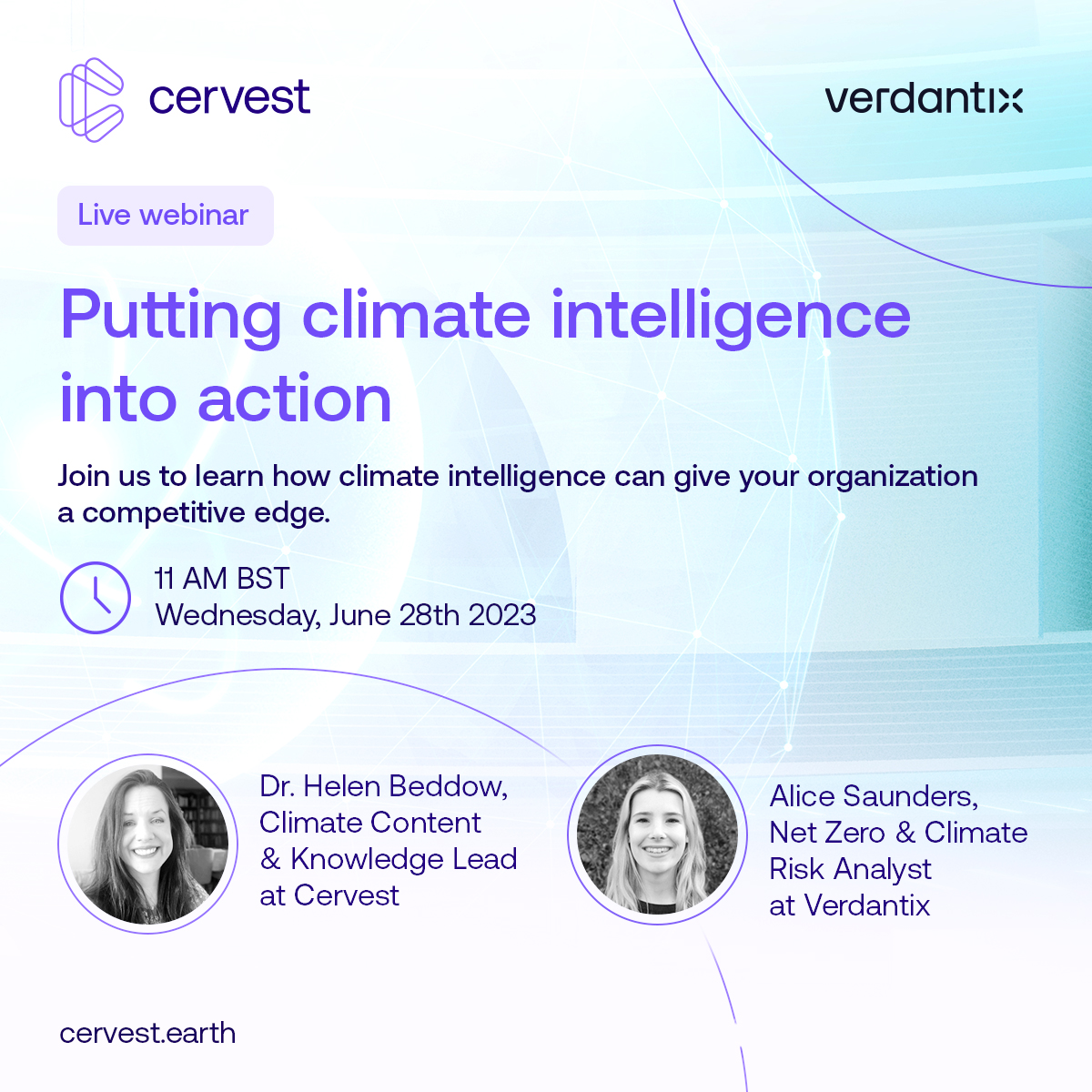 📹 Free webinar: Putting climate intelligence (CI) into action ⏰ Time: 11AM BST 📅 June 28, 2023 Quiz industry experts about #ClimateRisk, and learn how CI can help you find climate-related opportunities. Register now 👇 cervest.earth/webinar/climat…